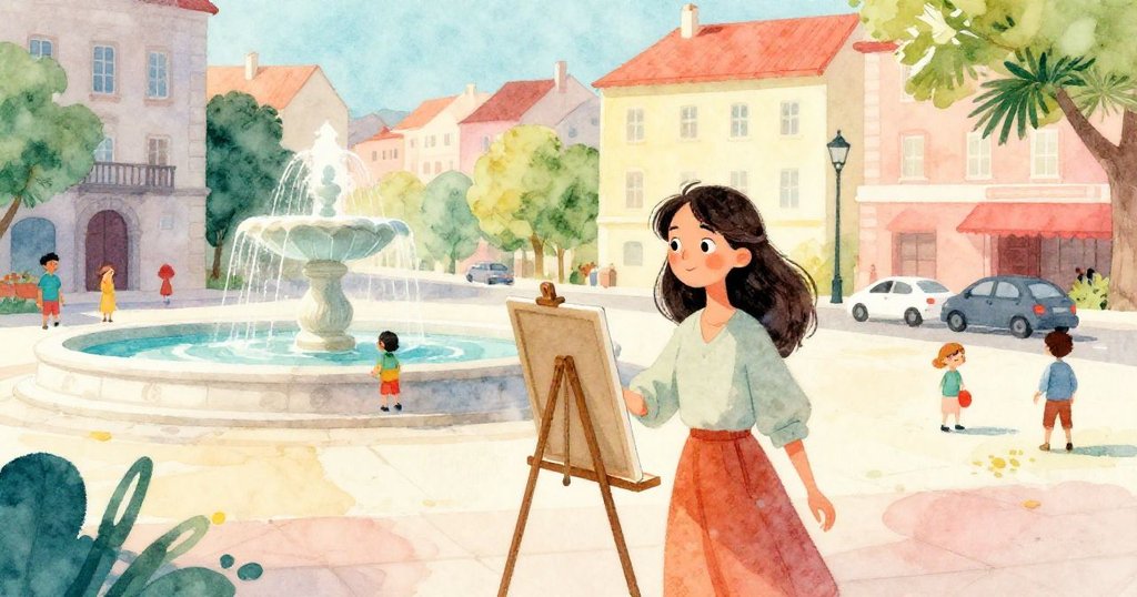 米拉在黃昏陽光下從拱廊走向開闊廣場,背景有石牆、噴泉與車流,充滿動感與期待。