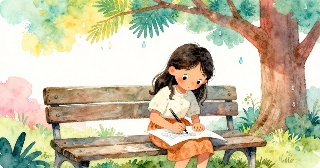 米拉在老舊拱形長凳旁專心作畫,樹影與水滴映出歷史感,畫面充滿細膩與期待之情。