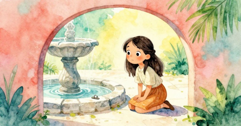 從拱門間觀望,米拉跪在古老噴泉邊搜尋失落的銷子,畫面光影交錯中透出一絲神秘與專注。