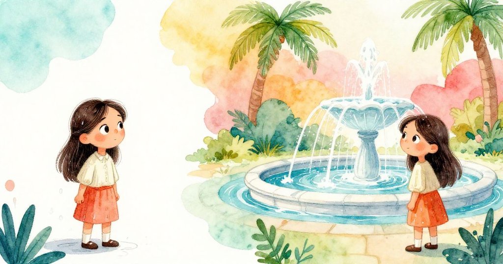 米拉面對分割畫面,左邊是失敗沾濕的速寫,右邊是理想中生動的噴水圖,神情由失望轉為堅定。