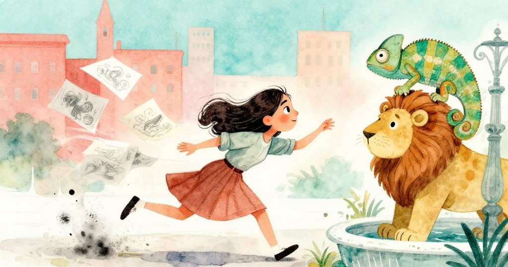 米拉急速追逐被風捲起的速寫本,炭粉飛揚間,蜥蜴迅速閃過獅形水柱,畫面充滿活力與緊張。