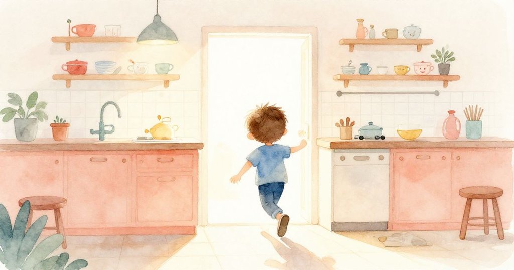 小艾力克斯走進明亮廚房，手握籃球，輪廓在暖光中鮮明，展現期待與活力的步履。