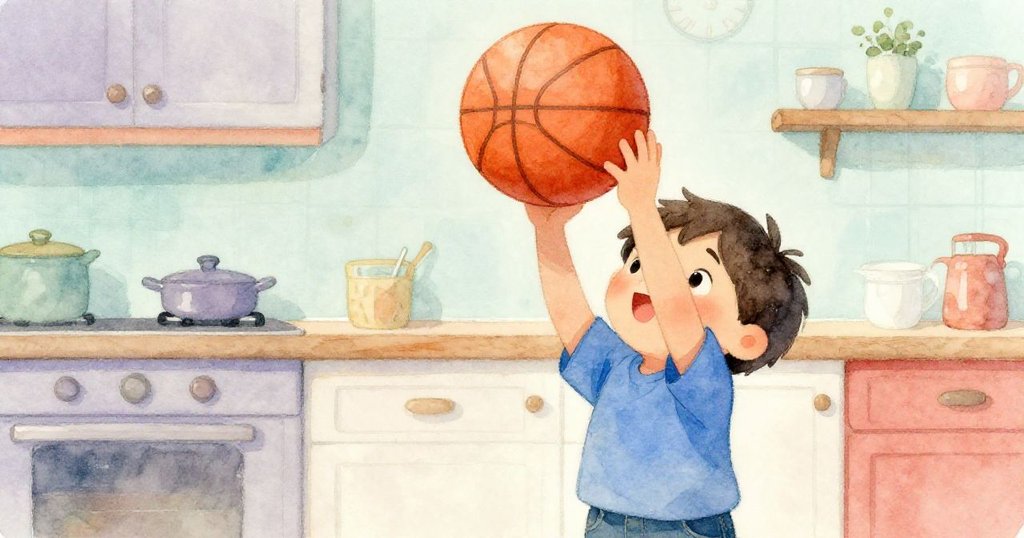 小艾力克斯專心拿起橘色籃球，手部細節豐富，廚房背景柔和溫暖，流露出專注神情。