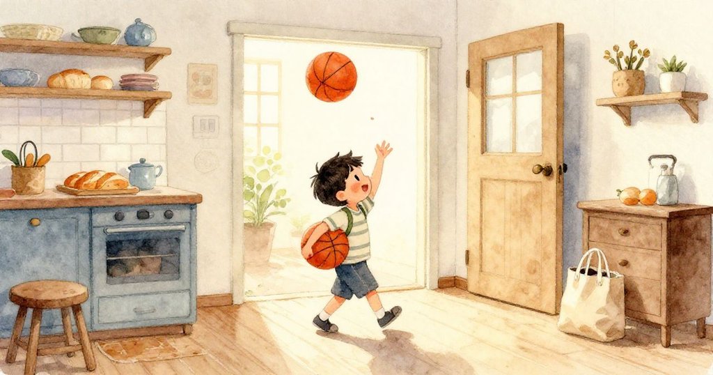 廚房門口打開呈現外面明亮花園，紅蘋果悠然滾向門邊，室內外光影交融，散發溫馨氣息。