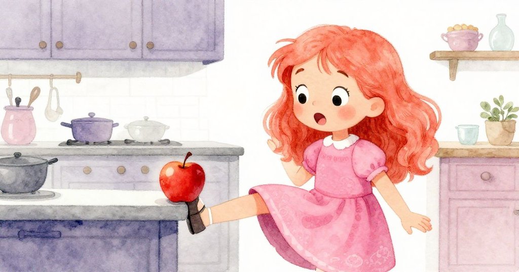 小莉莉進入廚房時，一顆紅蘋果輕觸她的鞋面，她滿臉驚訝，畫面細膩展現驚奇與探索。