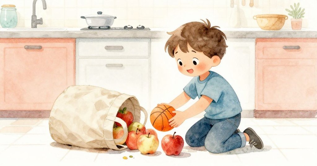 小艾力克斯蹲於倒置雜貨袋旁，輕撥蘋果取回籃球，廚房安靜溫馨，故事迎來平和結局。