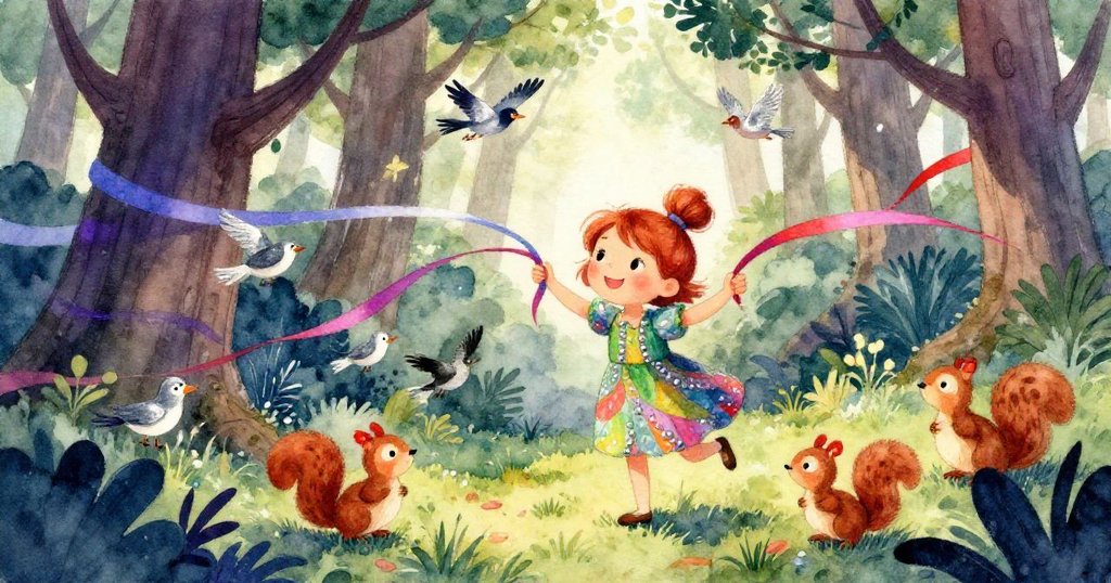 Lina踏入森林,手持彩帶,小鳥松鼠圍繞,臉上帶著微笑,背景樹木和夕陽營造溫暖氣氛。