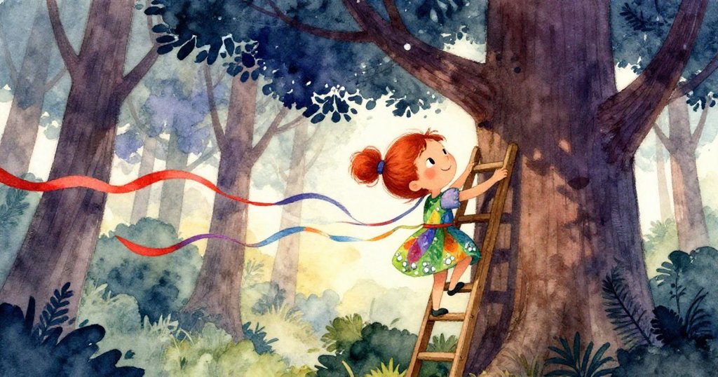 Lina攀爬梯子,仰望高大樹木,彩帶隨風舞動,堅定神情明顯,低角度展現冒險精神。