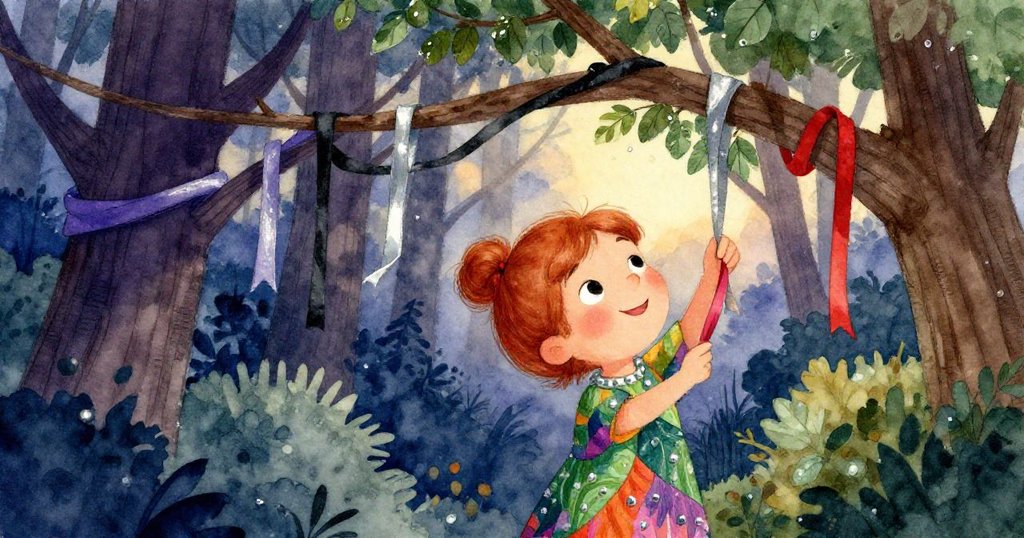 Lina在黃昏中整理樹枝間的彩帶,背景展示閃爍露珠、秋意森林的清新景色,動作優雅專注。