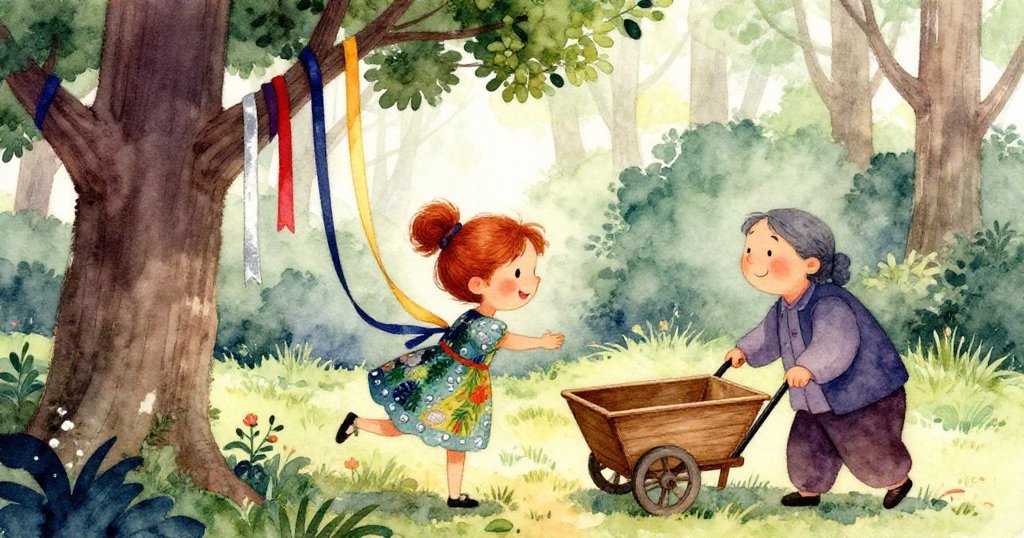 Lina從樹上下來,彩帶整齊飄舞,鄰居微笑招手迎接,森林空地溫馨寧靜,展現結局和諧喜悅。