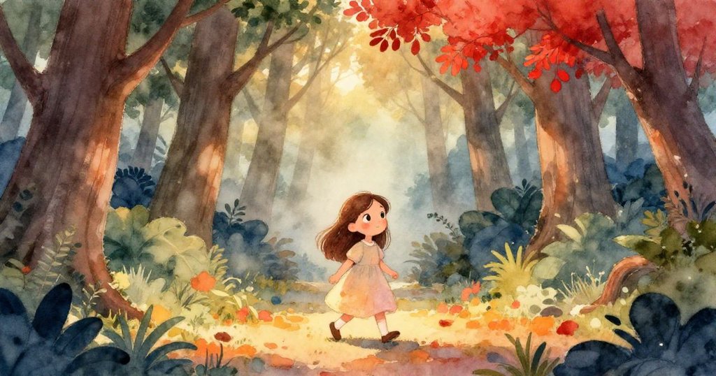 莉莉在黃昏柔和光線下穿越綠樹隧道，環境神秘美麗，她好奇地凝望著高掛的紅花，情景充滿詩意。