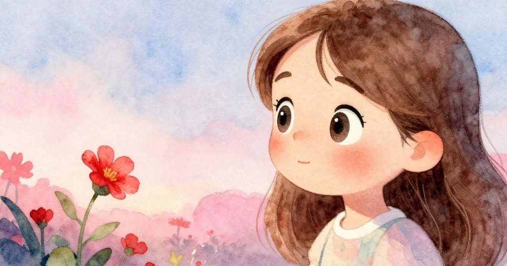 莉莉凝視高空掛著的紅花，眼神中流露出好奇與渴望，溫柔光暈襯托出她專注情緒的美麗畫面。