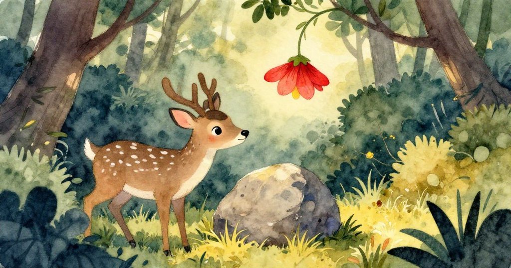 小鹿從濃密灌木中走出，輕輕碰觸旁邊的岩石，巧妙促成莉莉接近高懸紅花，情節自然溫暖。