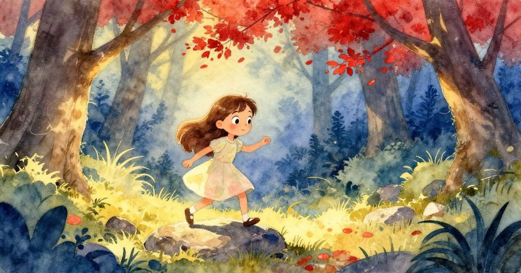 莉莉小心踏上岩石，背後高懸紅花，森林空地彷彿化為神秘奇幻的新房間，充滿夢幻色彩。