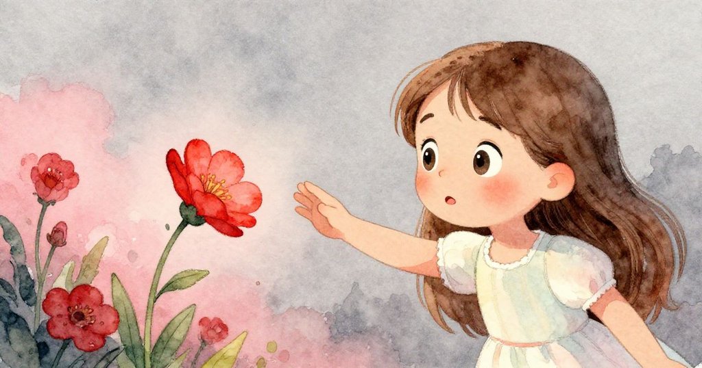 在昏暗黃昏中，莉莉再次伸手觸摸微顫紅花，花瓣輕搖，臉上展現堅定與期待的複雜情緒。