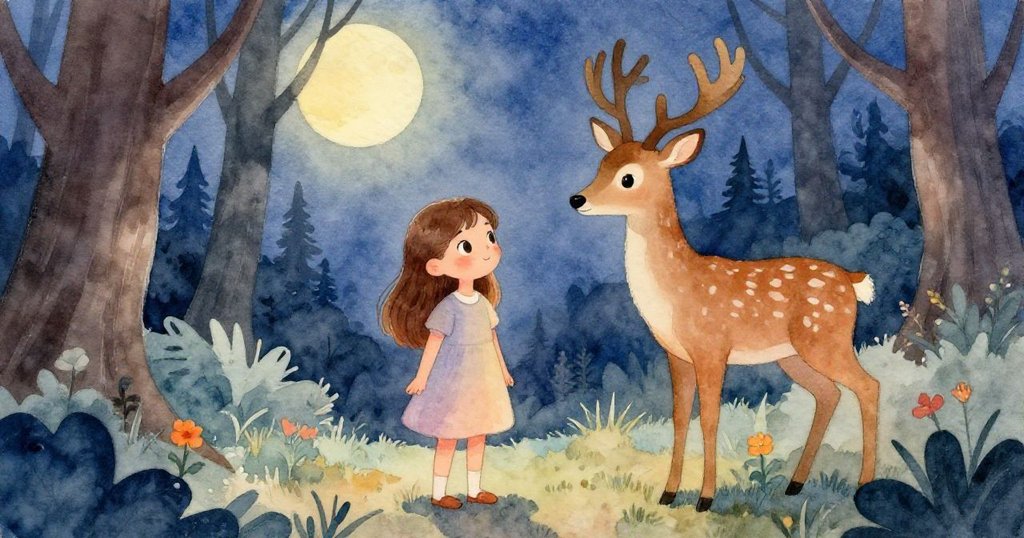 夜幕低垂，莉莉與小鹿並肩站在光亮寧靜的森林空地上，共享成功與平和，場景充滿溫柔月光。