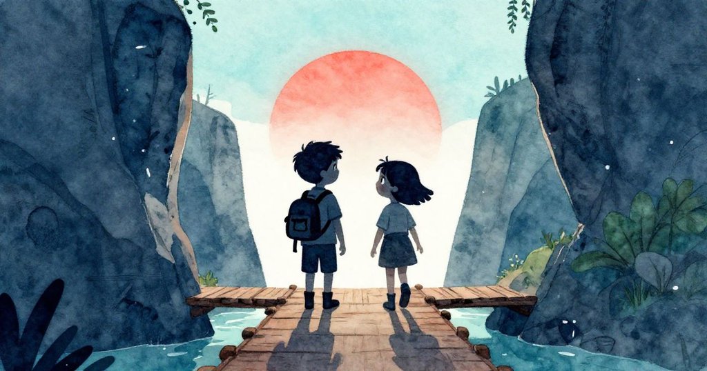 米羅與萊雅在黎明時分走向木橋，背景晨曦照亮峽谷，兩人期待冒險開始，剪影充滿希望。