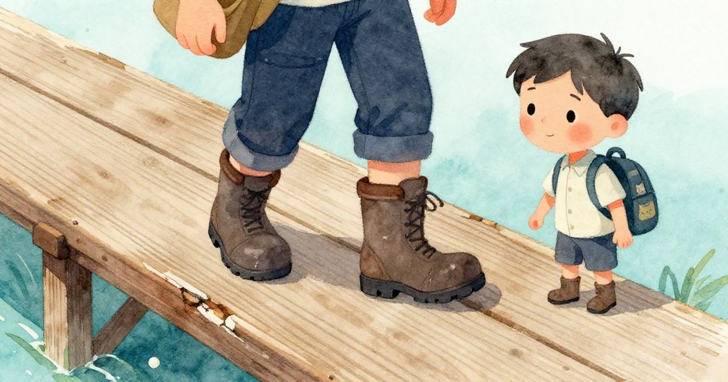 米羅小心踩在搖晃木板上，近距離展示木紋與修補欄杆細節，表情專注中透露冒險挑戰。