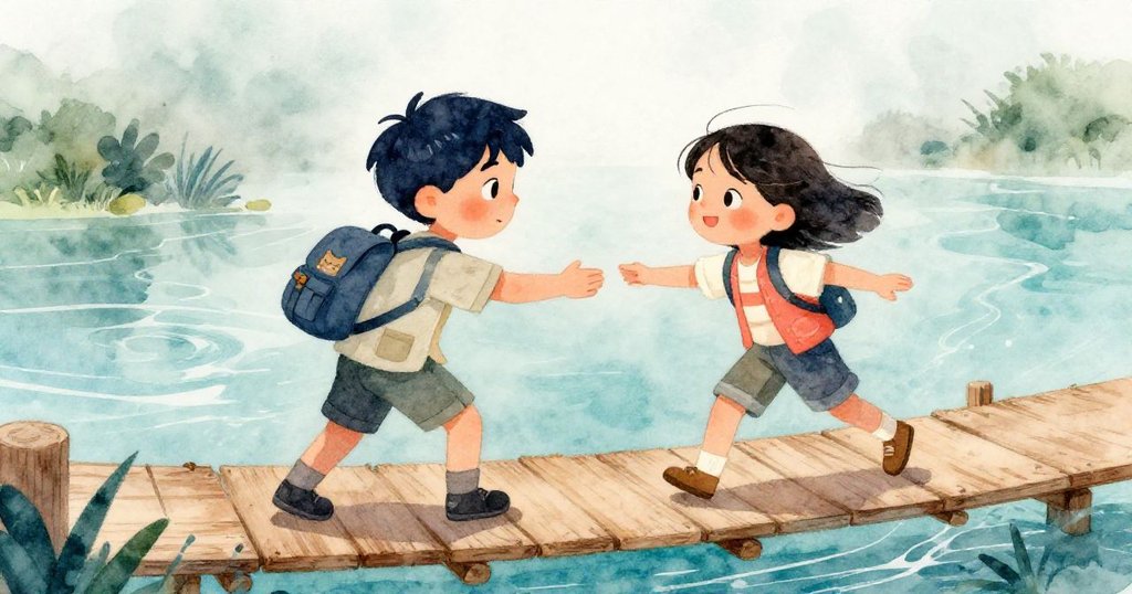 米羅與萊雅在風中換位，衣角飛揚，繩索隨風舞動，橋面輕搖中展現互助與冒險情感。