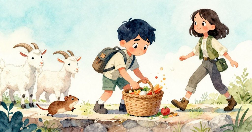 米羅打開籃子散出麵包屑，好奇山羊聚集 ledge 上，田鼠迅捷穿梭，場面充滿笑聲和活力。