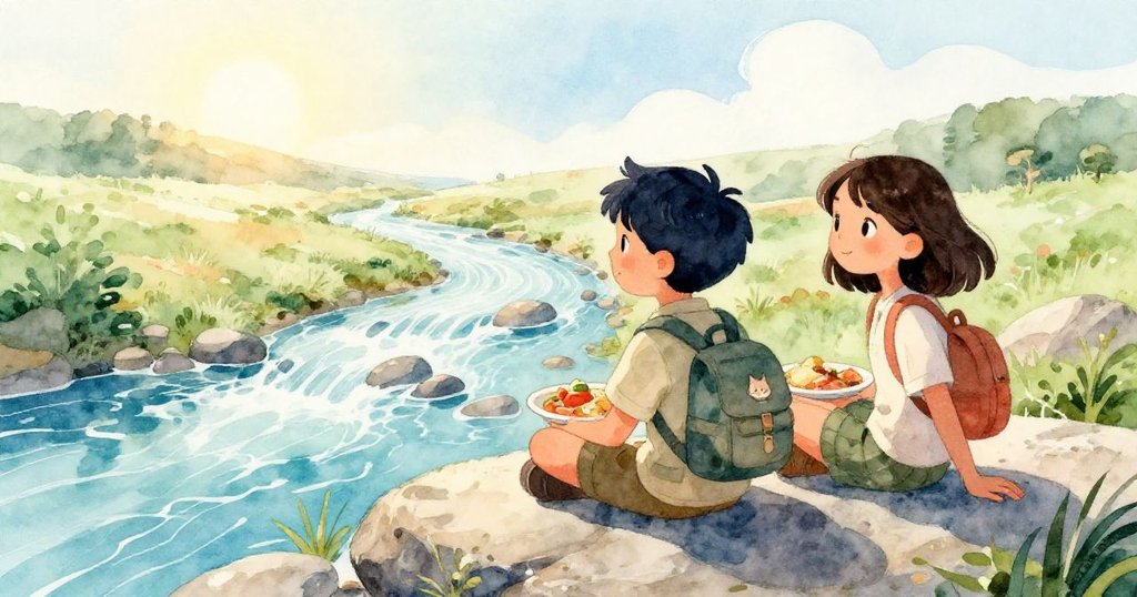 米羅與萊雅坐在平整石板上享午餐，遠眺開闊前路，陽光穿透峽谷映出寧靜與希望，冒險圓滿落幕。