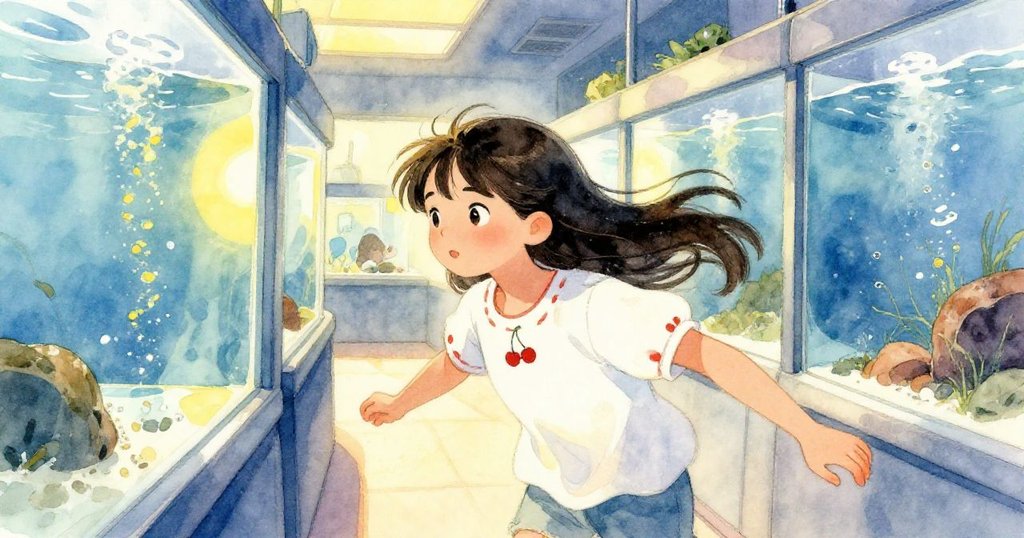 Maya走進充滿暖光的水族館,背景有玻璃牆及倒映的海景,表情充滿期待,展現故事開始的動感與溫暖。