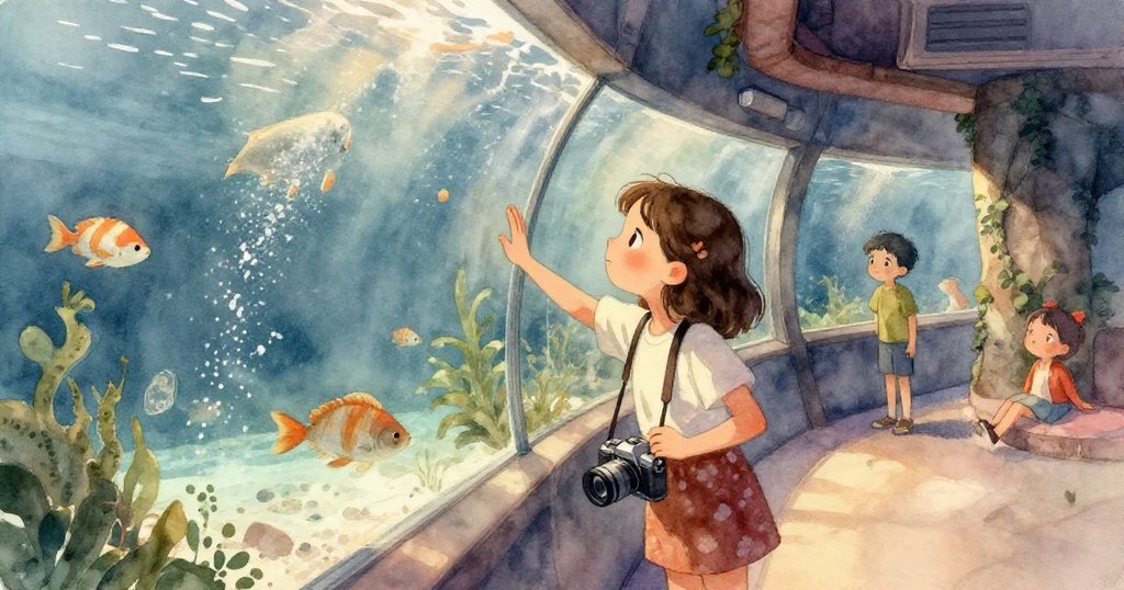 Maya特寫臉部,雙眼閃爍著專注與堅定,手持相機,背景略帶水族館氛圍,展現期待捕捉動物瞬間的情緒。