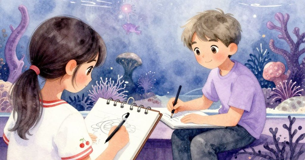 從Maya背後視角看Leo專心地記錄水族館生物,Maya靜靜欣賞,光影柔和,展現夥伴間無聲共鳴的瞬間。