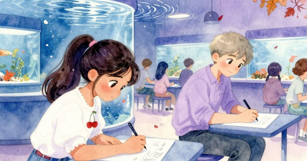 水族館內眾人聚集,水面波光粼粼,Maya與Leo忙碌中散發秋日溫柔光影,展現熱鬧卻和諧的氛圍。