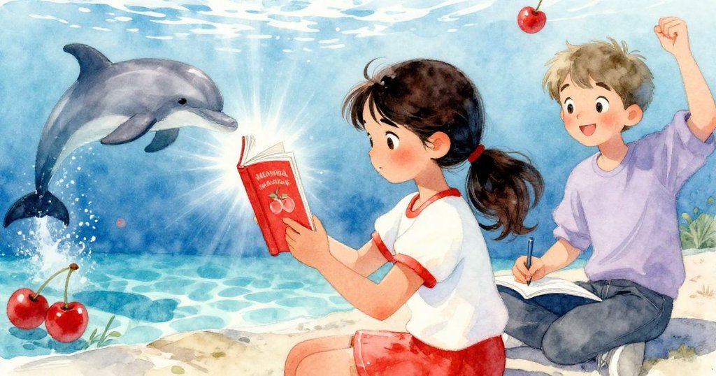 在水族館中央,Maya舉起發光小說,掀起銀色波光中海豚躍起,Maya和Leo同時展露慶賀笑容,氣氛充滿驚喜。