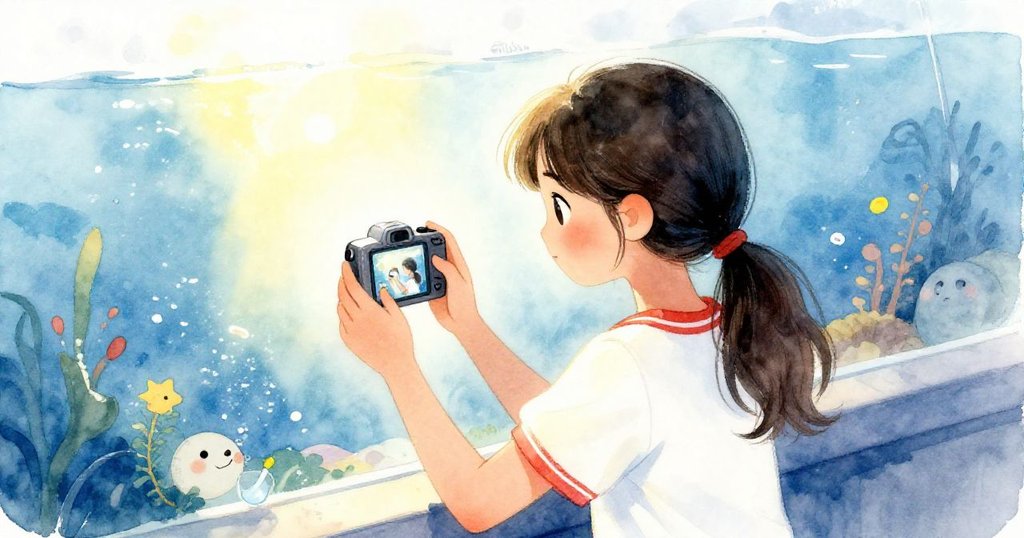 Maya靜靜回望,手持相機觀看成功捕捉的影像,背後水族館柔光映襯,展現新旅程前的平靜與希望。