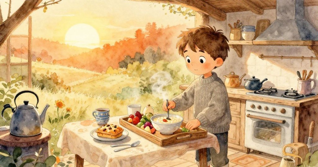 奧利弗在溫暖的廚房中準備豐盛早餐，柔和晨光透過窗戶灑入，充滿期待地開始新的一天。