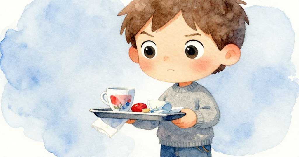 奧利弗專注凝視著冒著薄霧的早餐杯，輕柔扶著托盤，表情專注且充滿決心，展現細膩心情。