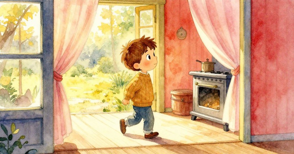 奧利弗走向露台，窗簾隨風輕輕揚起，從室內望向戶外，臉上流露著驚喜與期待。