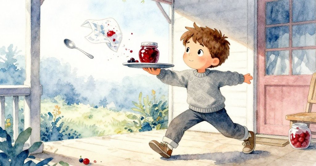 門廊上微風吹起手帕致托盤傾斜，奧利弗驚訝迅速接住傾斜的果醬罐，神情緊張而靈敏，展現一瞬間動感。