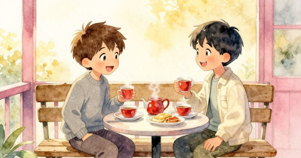 奧利弗與鄰居春子在露台長椅上共享早餐與熱茶，彼此展露溫馨笑容，慶祝快樂而充滿默契的早晨。