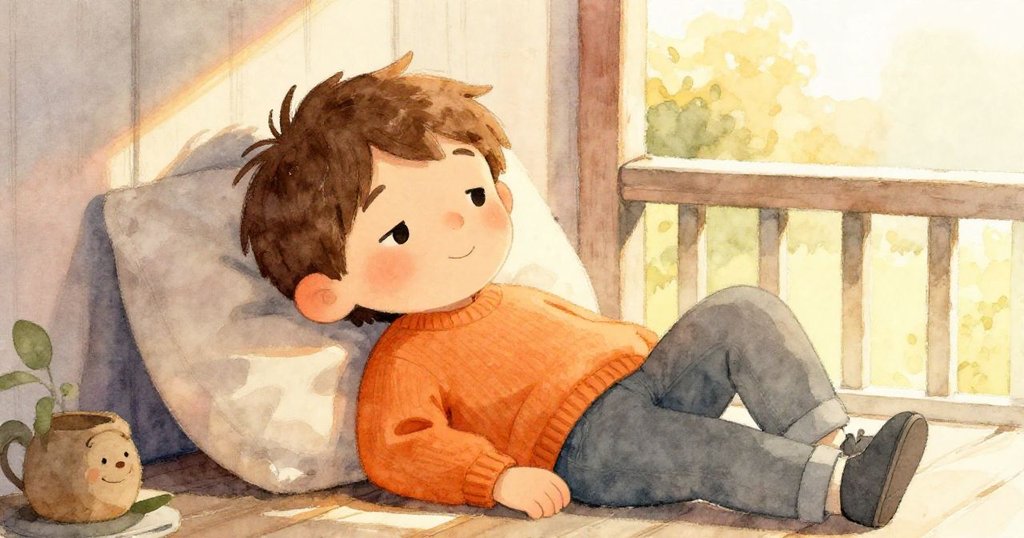 奧利弗於露台上靜靜休憩，臉上露出滿足微笑，在溫暖陽光中享受寧靜，象徵忙碌晨間的美好結束。