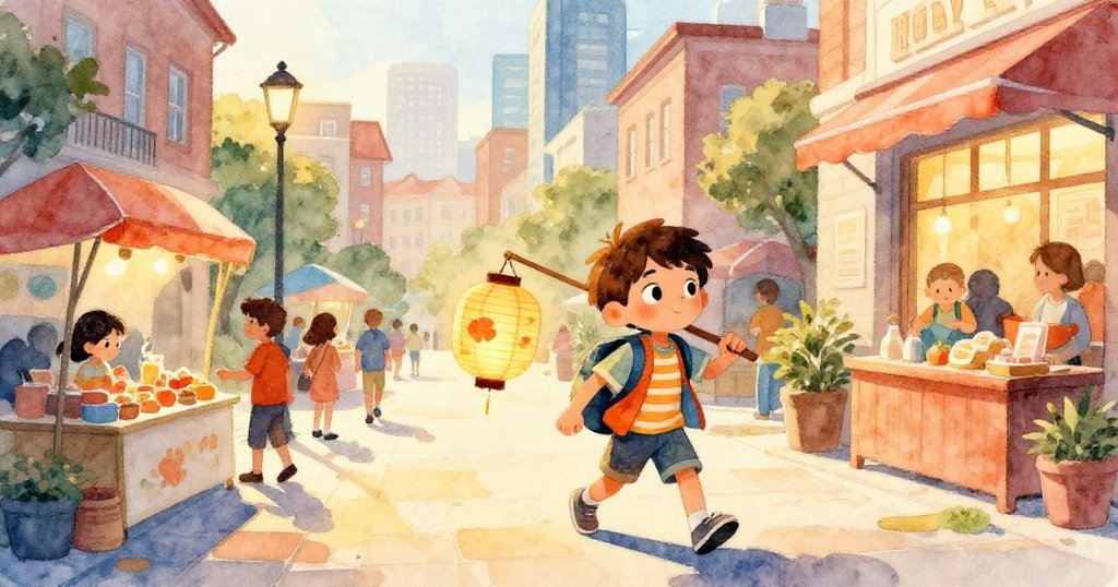 米洛手拿紙燈籠行走在多彩市政門廊上，風中攤位舞動，人群笑語迎接，呈現溫馨熱鬧場景。