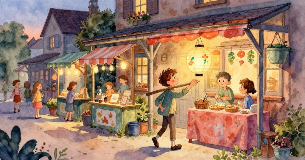 米洛小心穿梭狹道，輕快腳步踏過輕顫獎盃箱，旁有桌椅點綴，呈現緊湊市場氛圍。