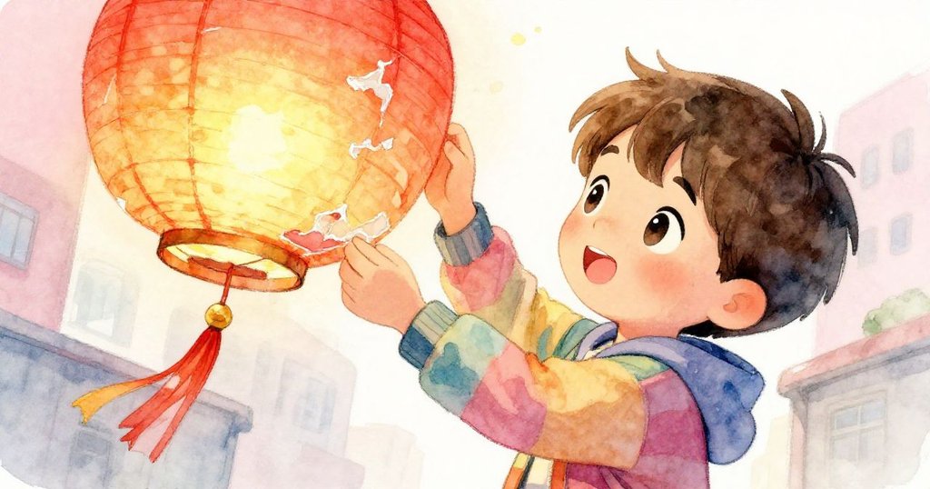 米洛聚精會神補救破損紙燈籠，鮮豔絲帶映出微妙光影，神情兼具擔憂與堅定，場景充滿動感。