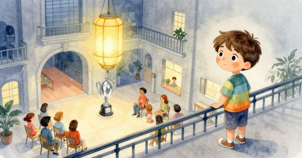 高處眺望大廳內景，米洛低掛燈籠映出奇異光影，眾人圍坐驚喜凝望，氛圍溫暖融洽。