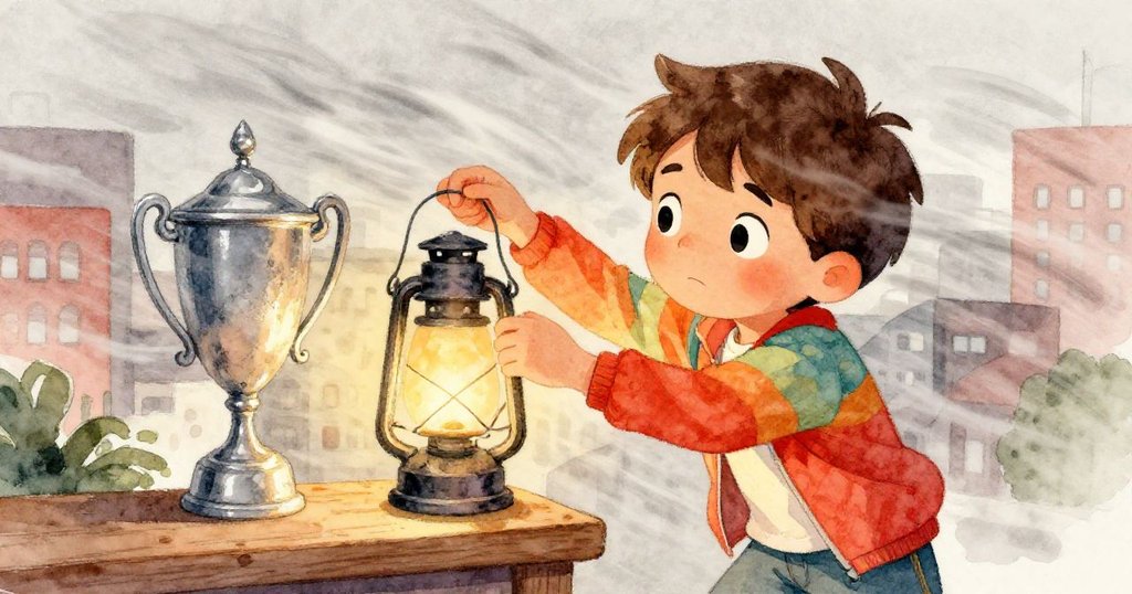 米洛奮力對抗陣風調整燈籠線，眉宇堅定，旁邊獎盃微顫，展現抗衡挑戰的堅持。