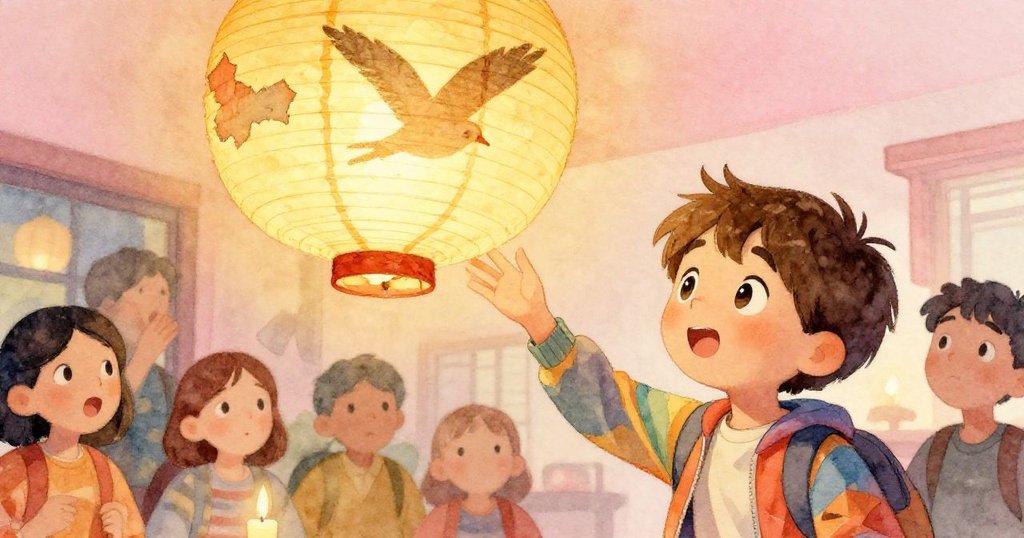 燭光初燃，燈籠映出鳥形光影，眾人欣喜驚奇，米洛靜享勝利時刻，象徵團結與美好奇遇。