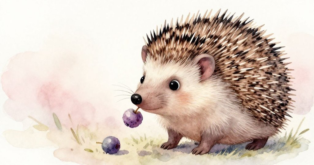 刺蝟專注凝視果實，展現求知神情，其眼神流露好奇與探索，背景隱約呈現園中景致。