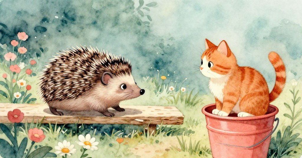 刺蝟攀爬狹窄長板，身旁姜貓蹲守倒置水桶，情境充滿緊張與好奇，夜色映襯花床背景。