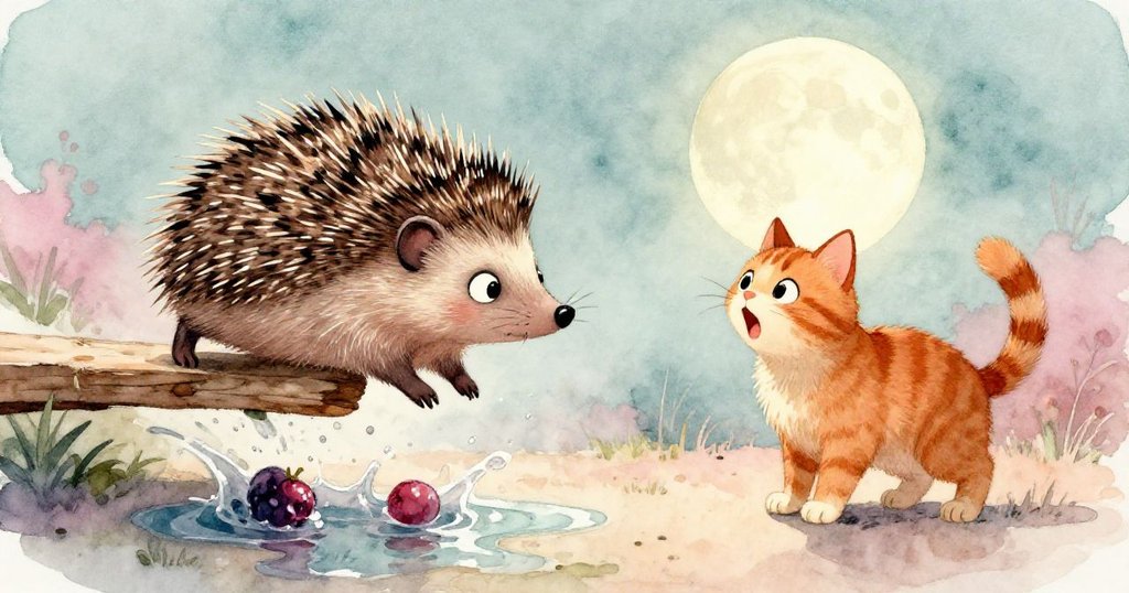 刺蝟於狹板上滑倒，果實落入水坑激起濺水，姜貓驚慌表情明顯，場景充滿戲劇性。