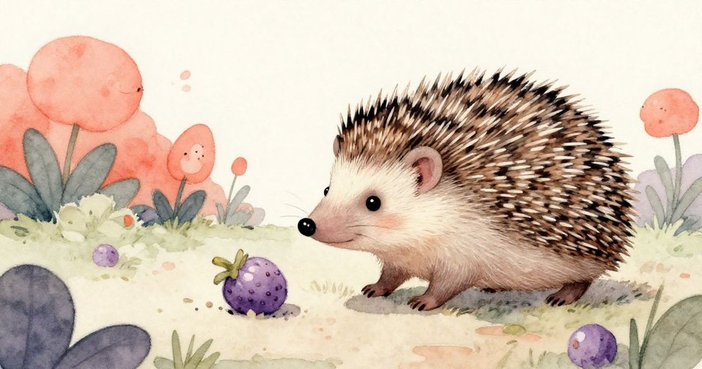 刺蝟用鼻尖緩推浮動果實，沿著堆肥旁岸邊前行，動作堅定而溫柔，周遭靜謐中透露關注。