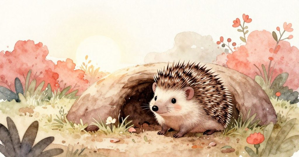 刺蝟在溫暖夕陽中安歇於洞穴，庭園恢復寧靜，呈現冒險後的安定與柔和情懷。