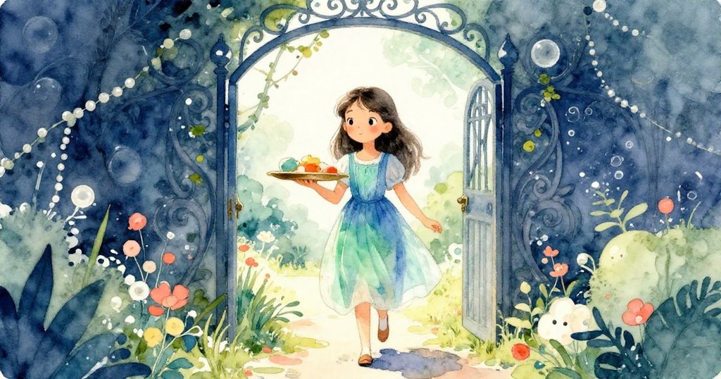 Mira從花園大門踏入晨曦中的花園，托盤穩持著茶具，臉上充滿期待與興奮，環境充滿綠意。