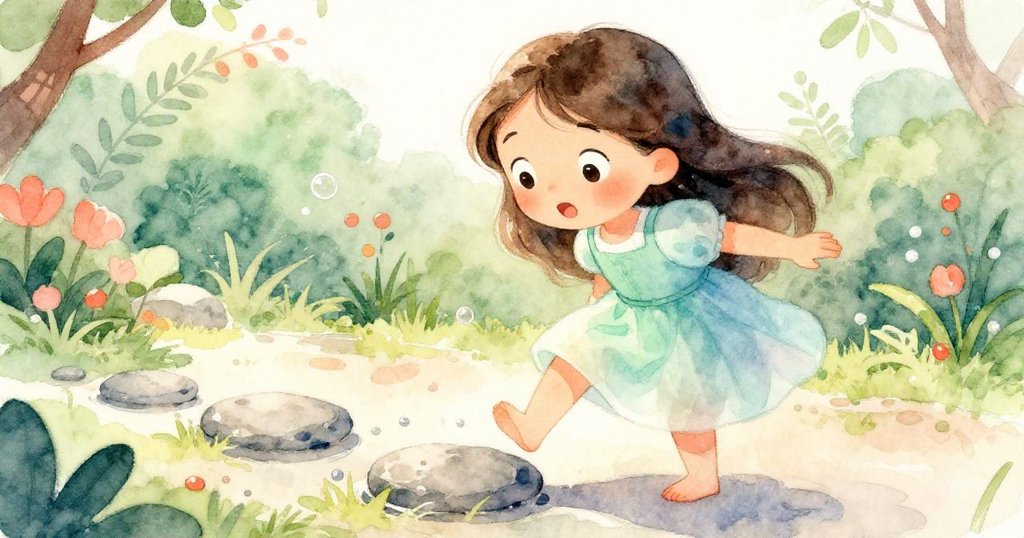 Mira在濕滑石子前迅速側步，面部表露驚訝與堅定，托盤中的茶具似乎訴說著接下的故事。